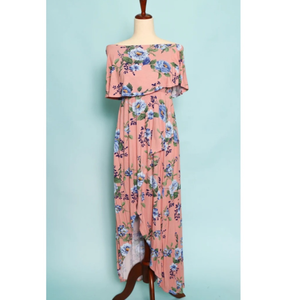 "The Alayna" Flounce Bandeau Blush Floral Maxi Dress